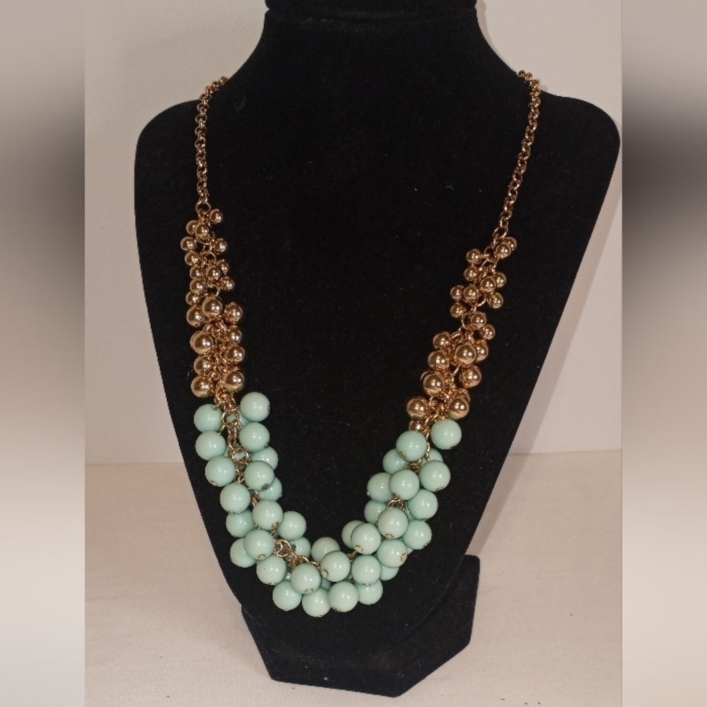 blue & Gold Bead Statement Necklace Prom Bridal NWOT 10 in w/ 3 in ext - Picture 2 of 3